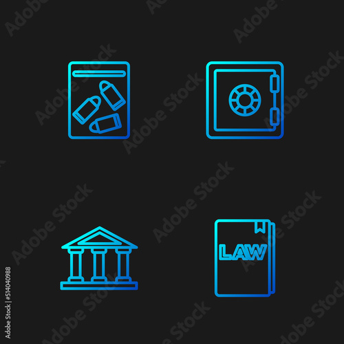 Set line Law book, Courthouse building, Evidence bag and bullet and Safe. Gradient color icons. Vector