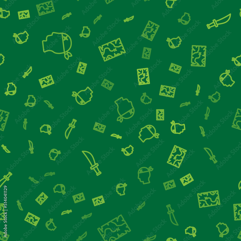Set line Pirate captain, sword and treasure map on seamless pattern. Vector Set line Pirate captain, sword and treasure map on seamless pattern. Vector