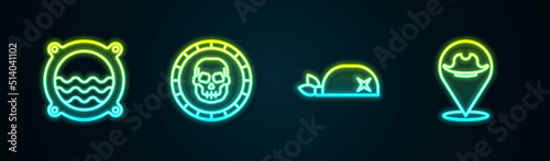 Set line Ship porthole with seascape, Pirate coin, bandana for head and Location pirate. Glowing neon icon. Vector