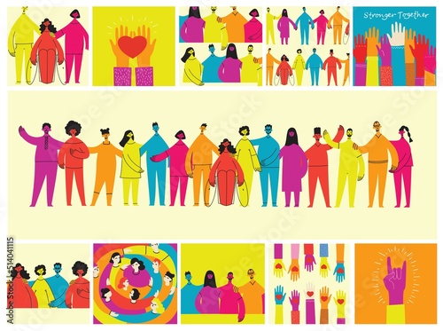 Group of people men, women are standing together. Concept of diversity, equality, tolerance, multicultural society. Vector set of multicultural people.