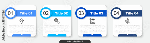 Set line Chemical explosion, Microorganisms under magnifier, Test tube flask stand and Molecule. Business infographic template. Vector