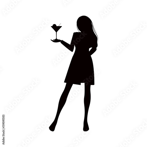 Silhouette of a girl with a martini. A woman is holding a cocktail. Vector