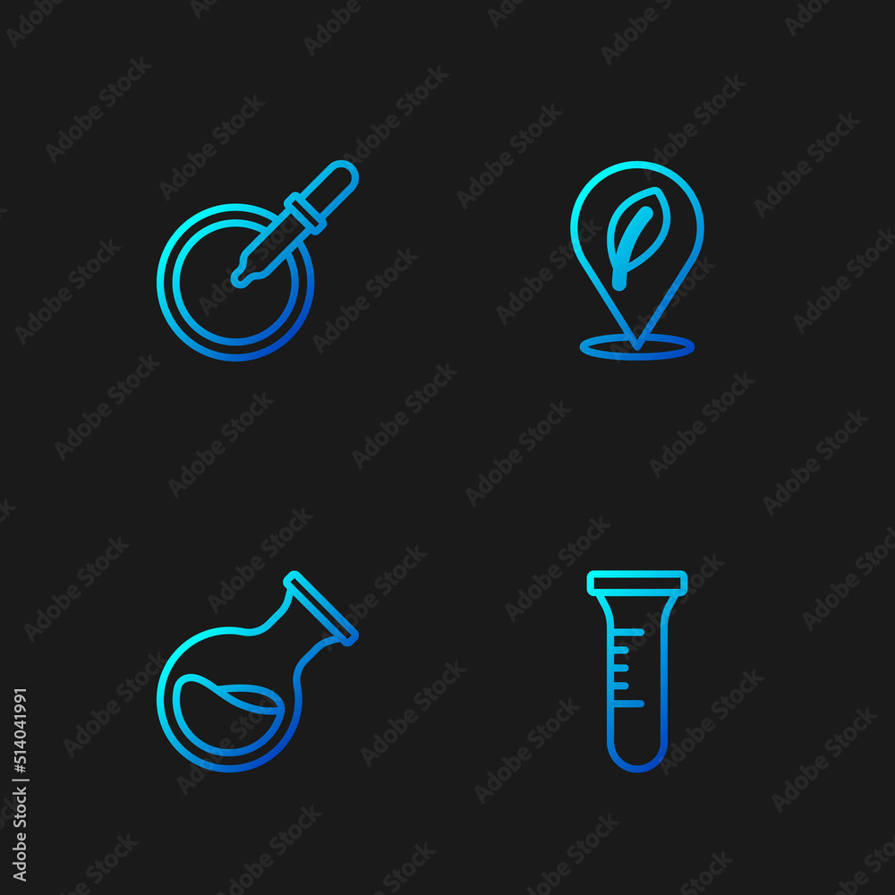 Set line Test tube and flask, , Petri dish with pipette and Location leaf. Gradient color icons. Vector Set line Test tube and flask, , Petri dish with pipette and Location leaf. Gradient color icons. Vector