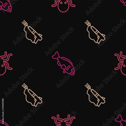 Set line Octopus, Fishing harpoon and on seamless pattern. Vector
