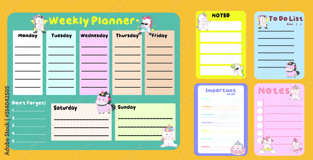 Cute weekly planner background for kids with cute unicorns. Vector template for agenda, planners, notes, timetable
