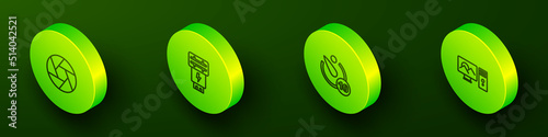 Set Isometric line Camera shutter, Photo camera flash, timer and retouching icon. Vector