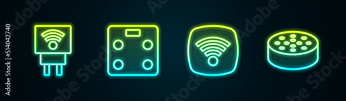 Set line Smart electric plug, bathroom scales, Wi-Fi wireless internet network and Water sensor. Glowing neon icon. Vector