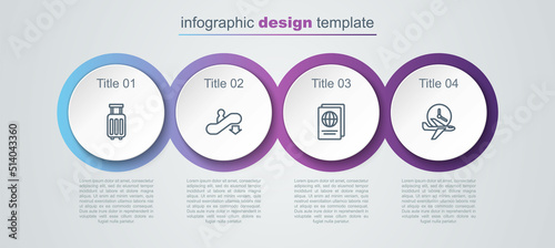 Set line Suitcase, Escalator down, Passport and Flight time. Business infographic template. Vector