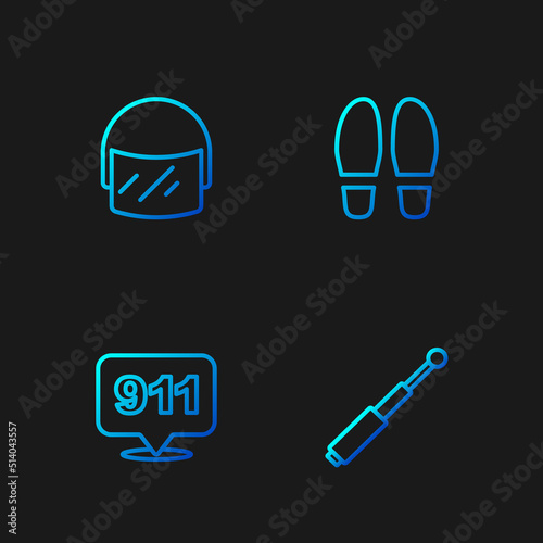 Set line Telescopic baton, Telephone call 911, Police helmet and Footsteps. Gradient color icons. Vector