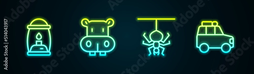 Set line Camping lantern, Hippo or Hippopotamus, Spider and Car. Glowing neon icon. Vector