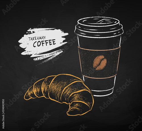 Chalked llustration of Coffee cup with croissant