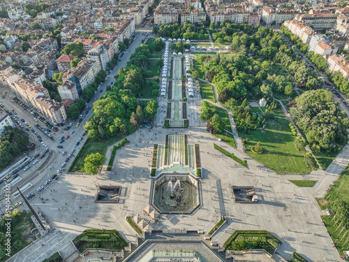 Tilt shift blurred city Sofia NDK, panoramic brute design in summer sunny day, aerial view