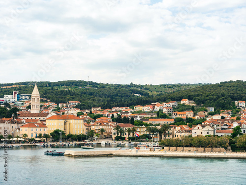 Waterfront view of marina and town in Supetar, Brac Island Croatia