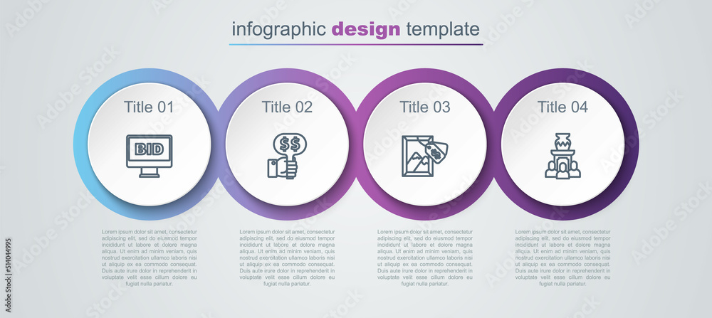 Set line Online auction, Hand holding paddle, Auction painting and ancient vase. Business infographic template. Vector Set line Online auction, Hand holding paddle, Auction painting and ancient vase. Business infographic template. Vector