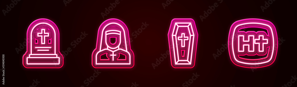 Set line Grave with tombstone, Nun, Coffin and Christian cross. Glowing neon icon. Vector Set line Grave with tombstone, Nun, Coffin and Christian cross. Glowing neon icon. Vector