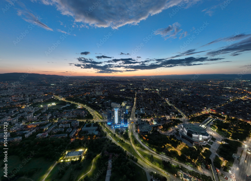 Fototapeta premium Drone Footage Of Millennium Sofia During Night