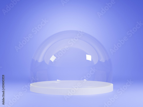 3D rendering of clear glass orb with white podium for put product or advertising on blue background