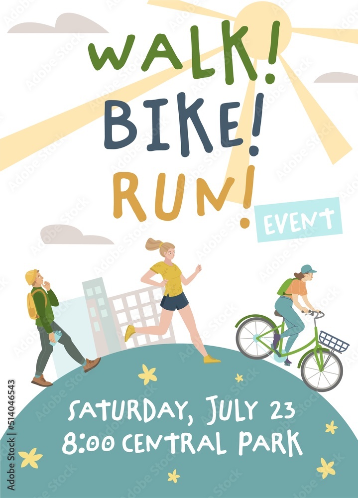Walk. Bike. Fun. Vertical poster. Vector illustration Walk. Bike. Fun. Vertical poster. Vector illustration