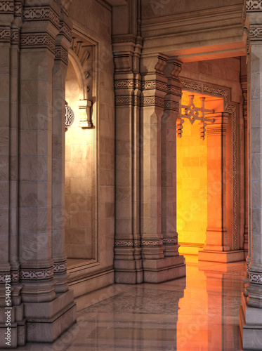 Palace interior with pillars  marble floor  spherical lantern and bright fire light from a corridor. 3d rendering