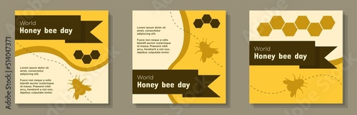 World honey bee day social media post, banner set, international fly insect celebration advertisement concept, wasp protection marketing square ad, August 20th abstract print, isolated on background