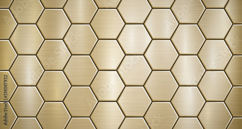 Abstract metallic background in golden colors with highlights, consisting of voluminous convex hexagonal plates