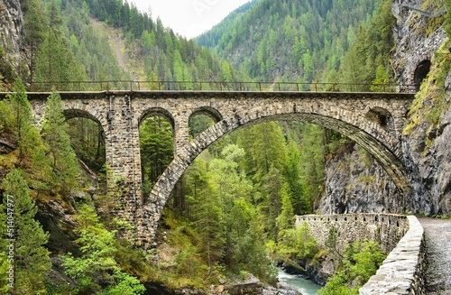 Viaduct in Davos Monstein. Landwasser river flows through the canyon. hike along the river in the valley to filisur. Old