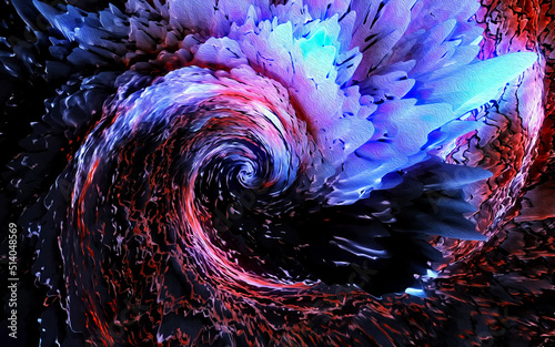 3d Illustration Colored round curves on dark abstract background. Spiral  twist  swirl.