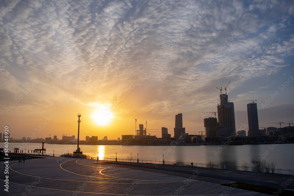 Sunset over Huangpu river in Shanghai city Sunset over Huangpu river in Shanghai city