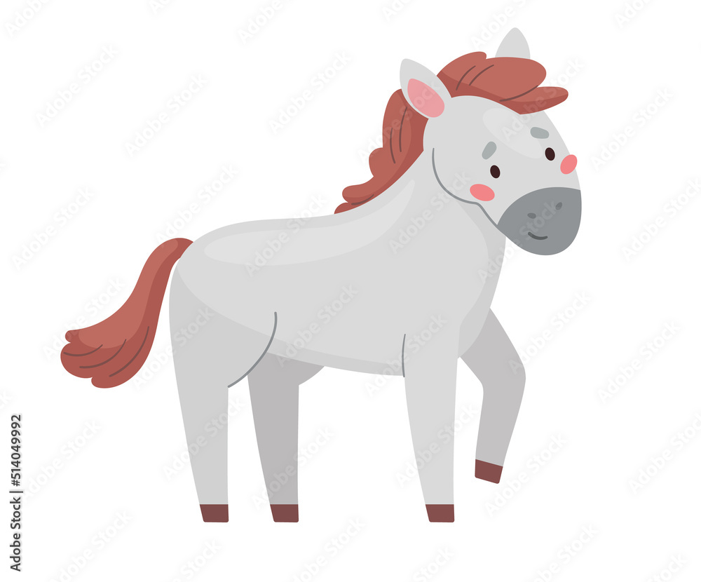 Fototapeta premium Funny gray horse. Cute flat style vector illustration isolated on white background. Baby foal cartoon character