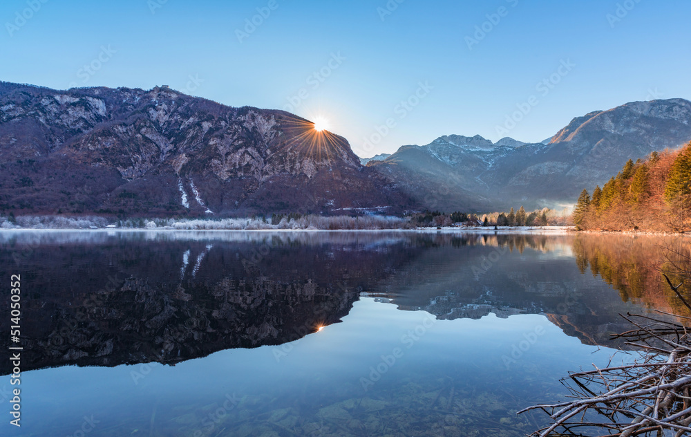 Beautiful reflections at lake Bohinj in Julian Alps