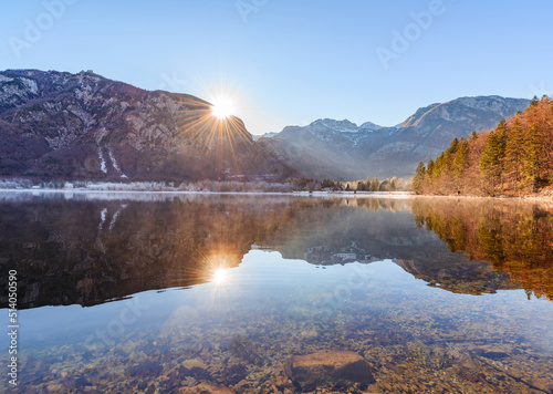Beautiful reflections at lake Bohinj in Julian Alps