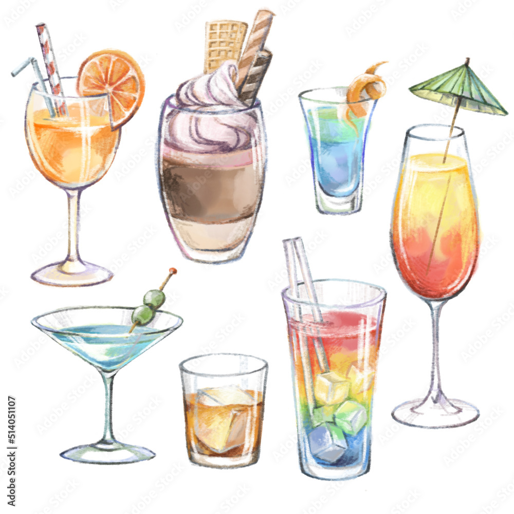 Set of alcoholic beverages icons. Popular cocktails for menu design, posters, brochures for cafes, bars. Set of alcoholic beverages icons. Popular cocktails for menu design, posters, brochures for cafes, bars.