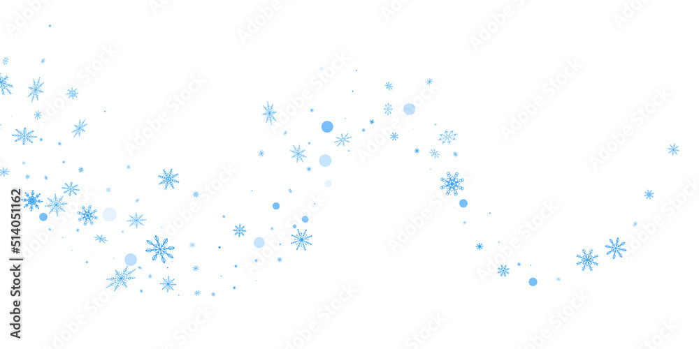 Blue delicate openwork snowflakes scatter on a white background. Festive background, postcard design, wallpaper