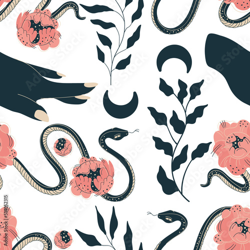 Seamless pattern in boho tribal dance with snakes