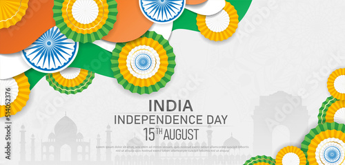 15 th August Indian Independence Day banner design with badge shape flags with Ashoka Chakra and silhouette of Indian monument. vector illustration .