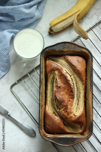 Banana bread with milk for breakfast