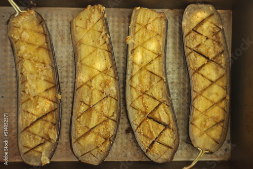 Baked summer vegetarian food, eggplant on grill