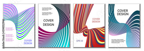 A set of 4 abstract covers. Wavy parallel gradient lines, ribbons evolve. Cover design, background. Trendy banner, poster.