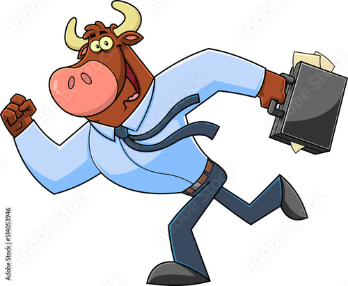 Brown Bull Businessman Cartoon Character Running To Work With Briefcase. Vector Hand Drawn Illustration Isolated On White Background