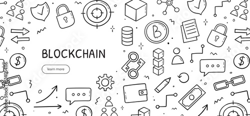 Hand drawn doodle set of blockchain theme. Horizontal banner template. Cryptocurrency concept in sketch style. Vector electronic commerce illustration.