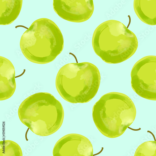 Seamless pattern with Illustration green apples on a light blue background