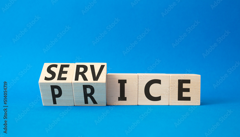 Service and price symbol. Turned wooden cubes with words service and price. Beautiful blue background. Business and service and price concept. Copy space Service and price symbol. Turned wooden cubes with words service and price. Beautiful blue background. Business and service and price concept. Copy space