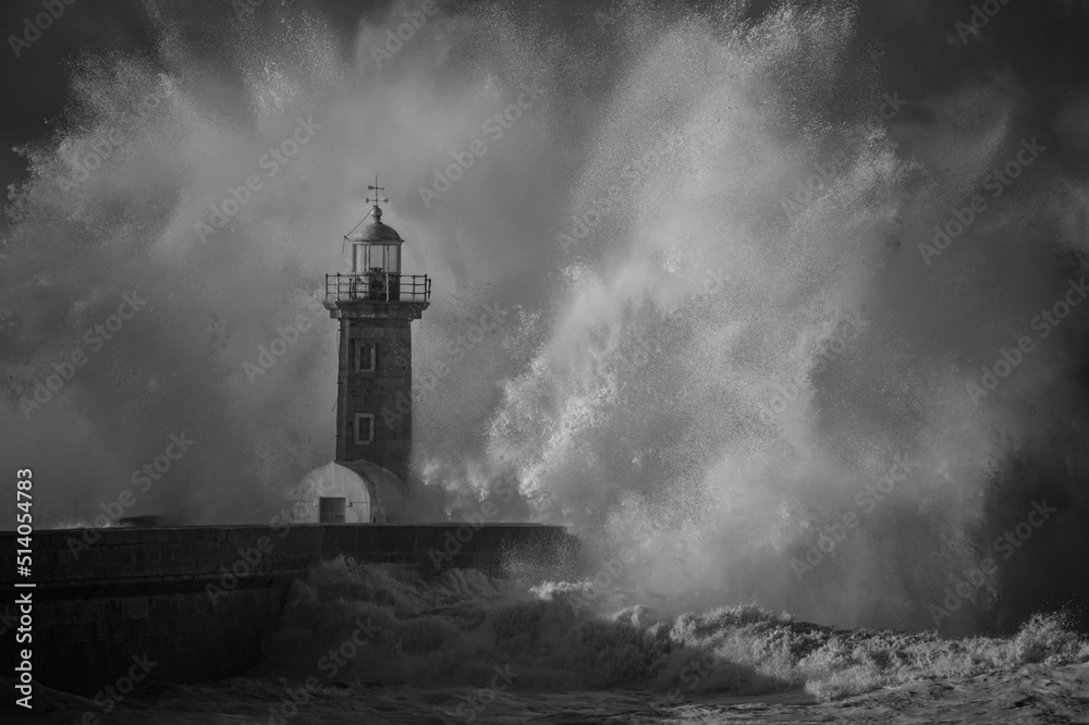 Black and white big stormy wave splash