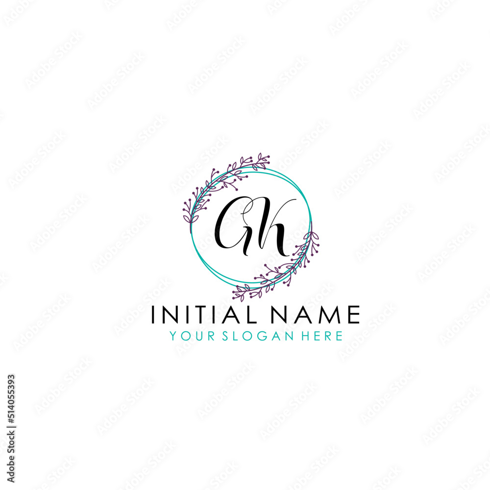 Initial letter GK handwriting with floral frame template