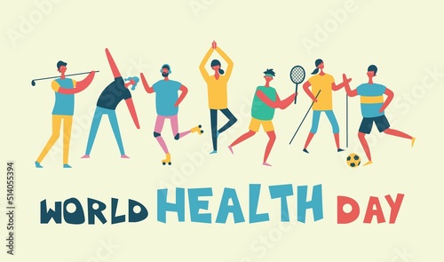 Vector illustration in flat design of group people doing different kinds of sport. World health day.