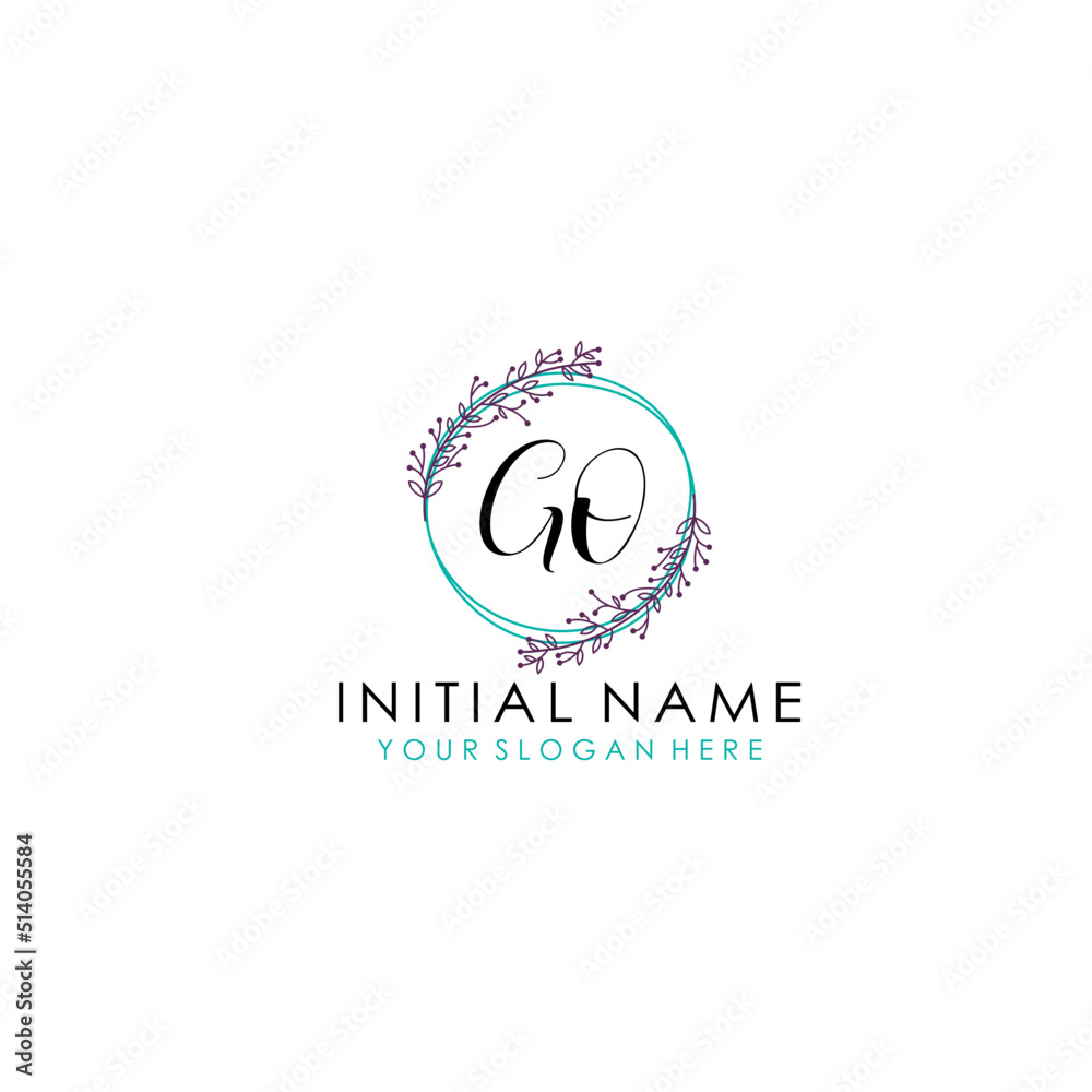 Initial letter GO handwriting with floral frame template
Initial letter GO handwriting with floral frame template