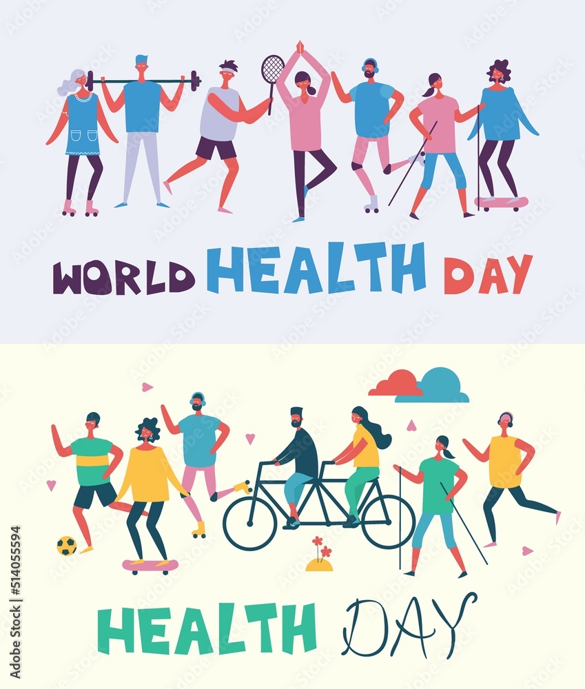 Vector illustration in flat design of group people doing different kinds of sport. World health day. Vector illustration in flat design of group people doing different kinds of sport. World health day.