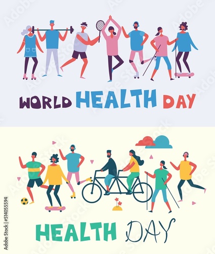 Vector illustration in flat design of group people doing different kinds of sport. World health day.