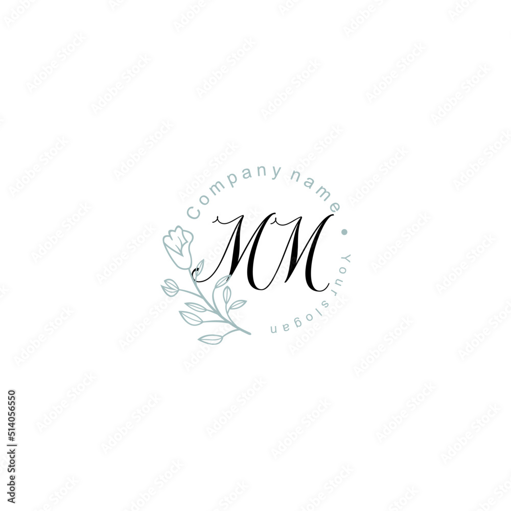 Initial letter MM handwriting with floral frame template Initial letter MM handwriting with floral frame template