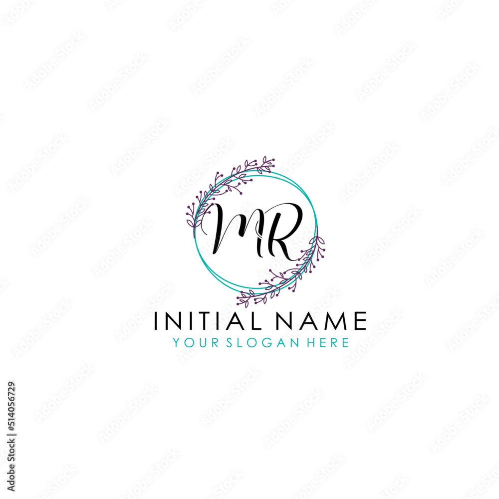 Initial letter MR handwriting with floral frame template